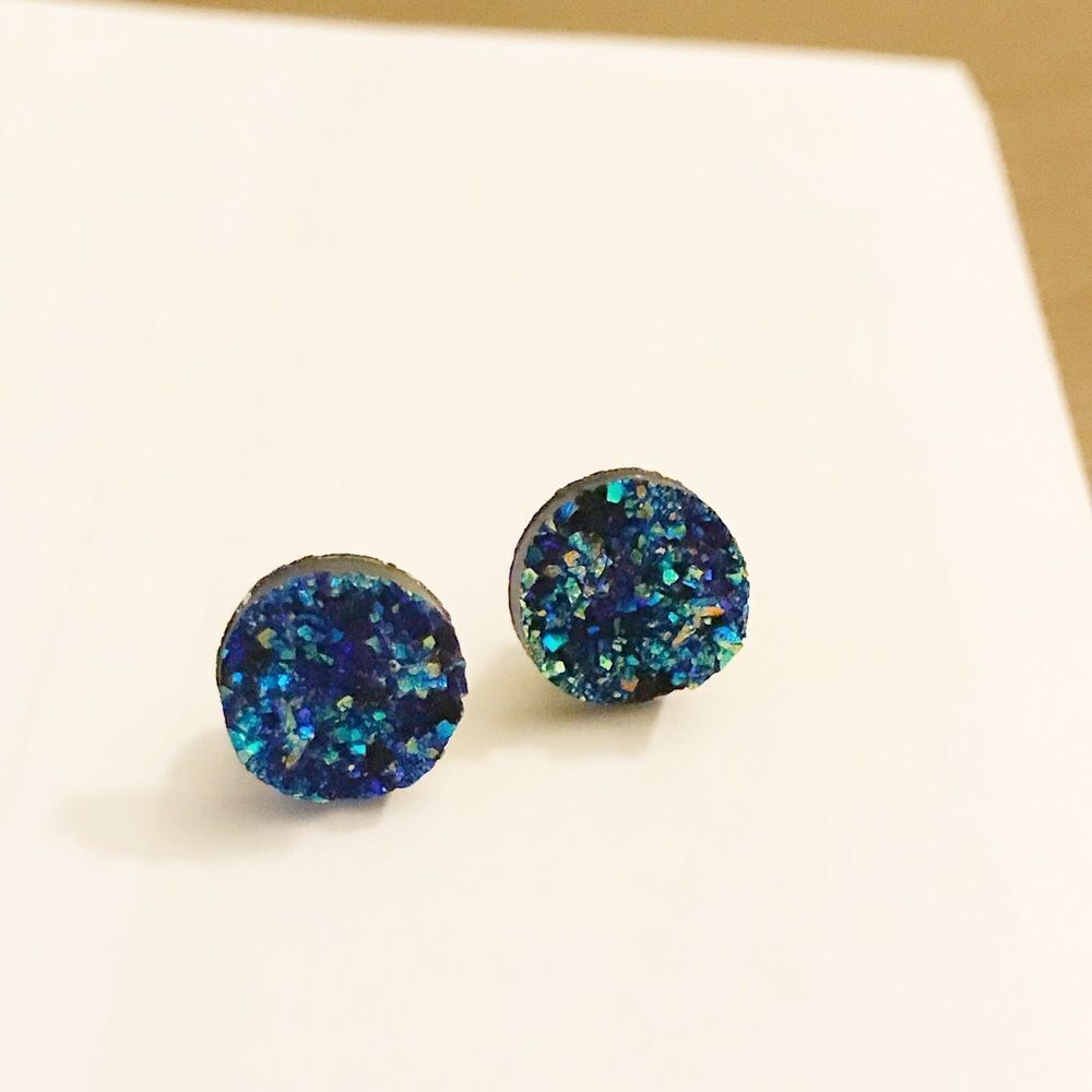 Handmade Blue druzy stud earrings - Picture 2 of 6